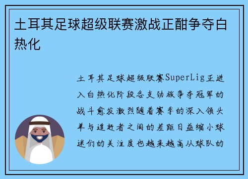 土耳其足球超级联赛激战正酣争夺白热化