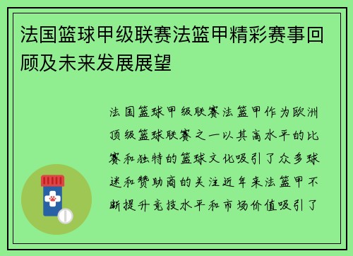 法国篮球甲级联赛法篮甲精彩赛事回顾及未来发展展望